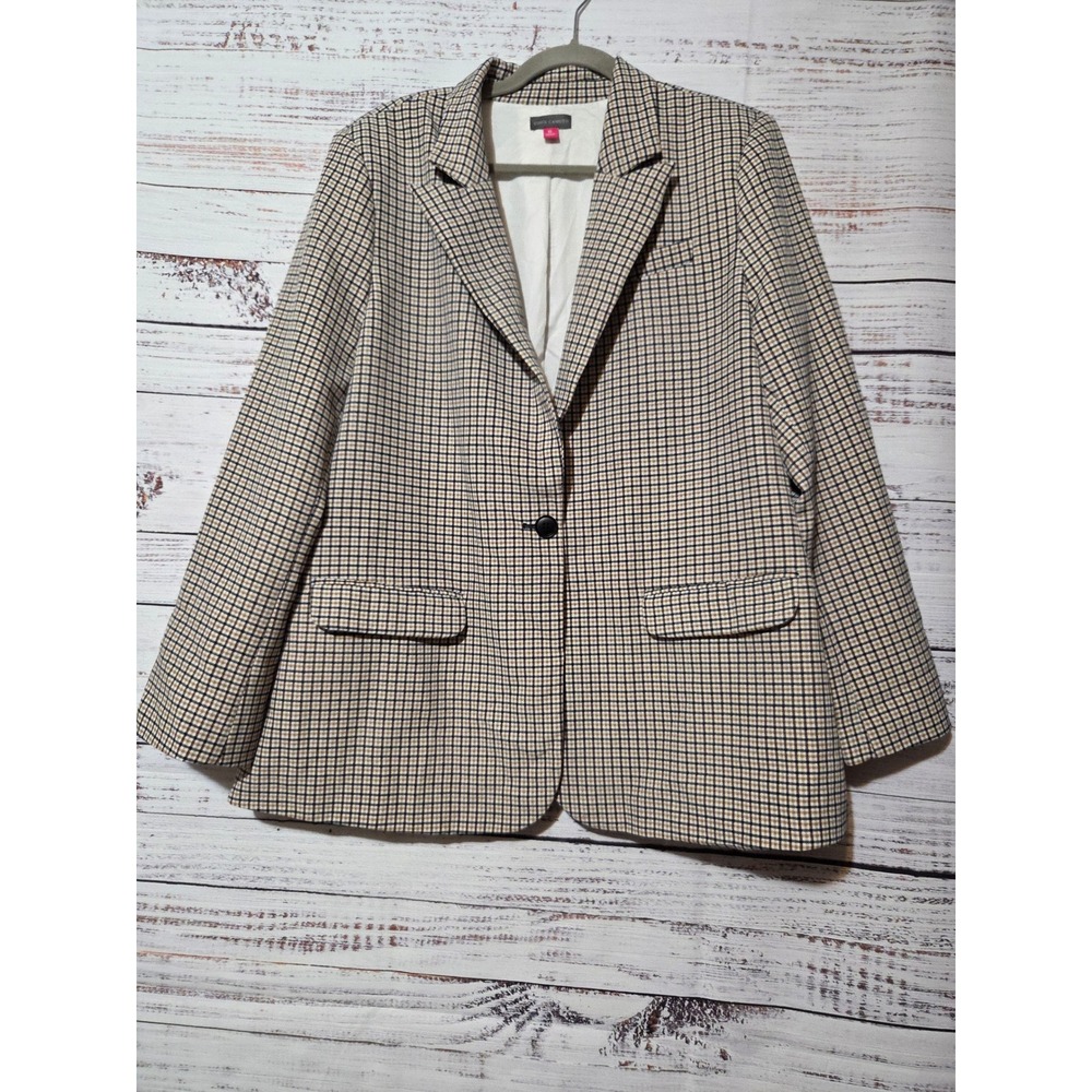 Vince Camuto Womens XL Plaid Single Button Blazer Tan Black Office Wear Layers